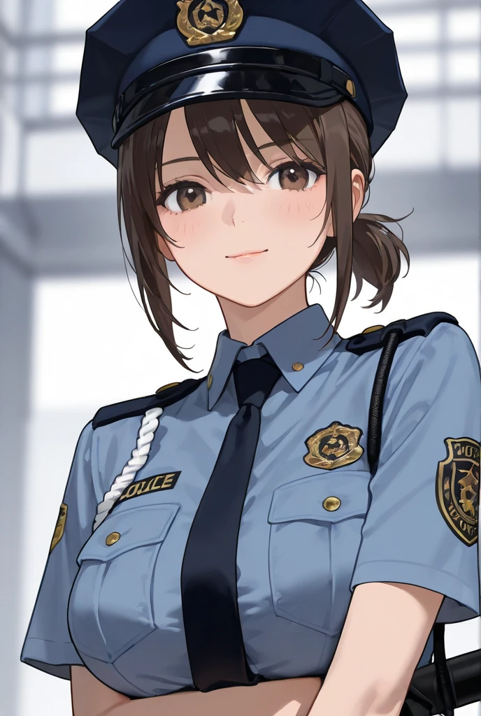 1girl, solo, long hair, bangs, brown hair, hair ornament, hair between eyes, yellow eyes, 
police uniform, policewomen, police, necktie, jacket, hairclip, jewelry,
 <lora:christina_anythingv1:0.65>