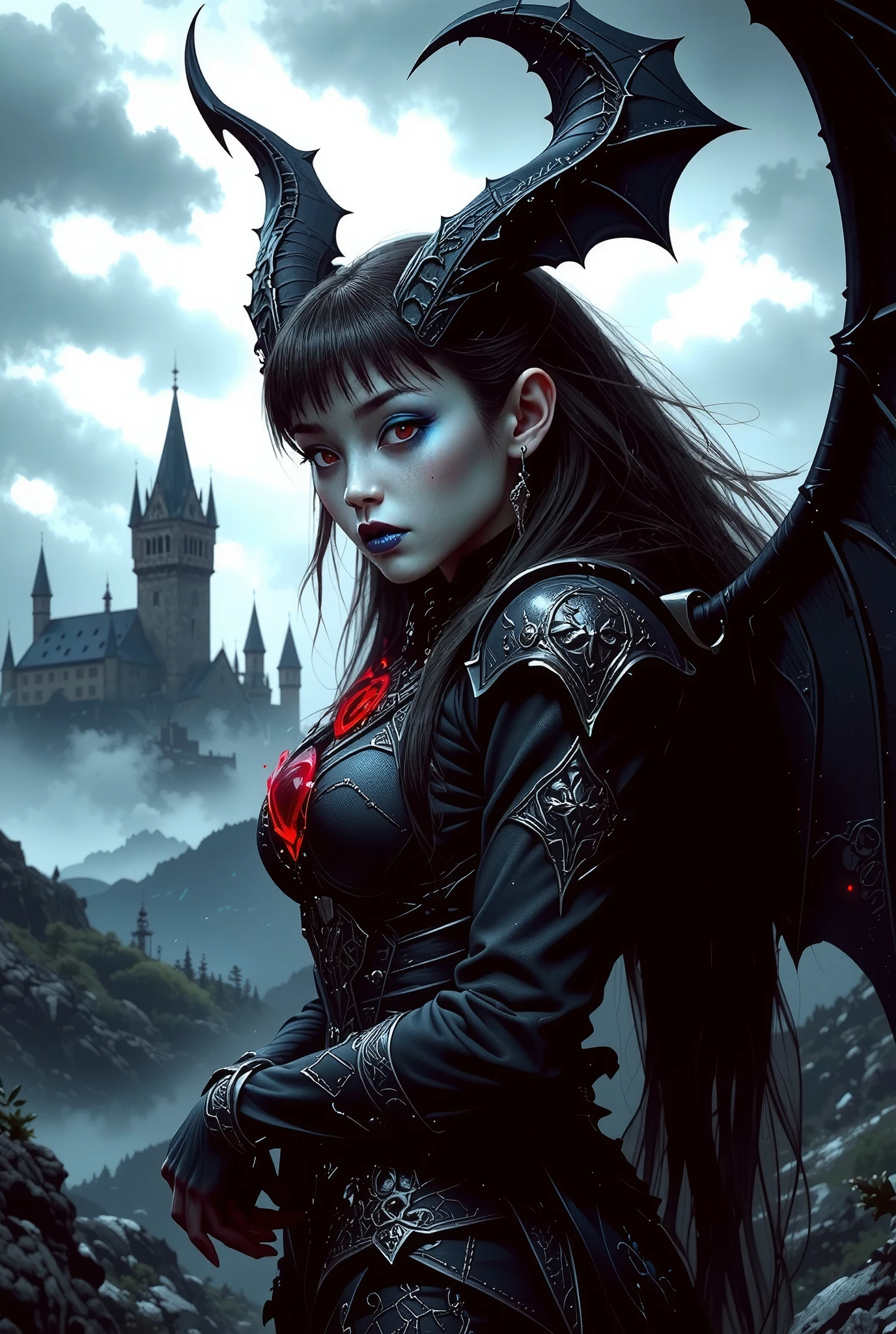 beautiful White female Demon, elegant pose, piercing iridescent red eyes, blue lips, sharp fangs, dark wings spread, glowing demonic aura, dark fantasy landscape, gloomy cloudy sky, mysterious castle ruins, moody dramatic lighting, digital art, octane render, cinematic, dark fantasy, photorealistic, neon colored