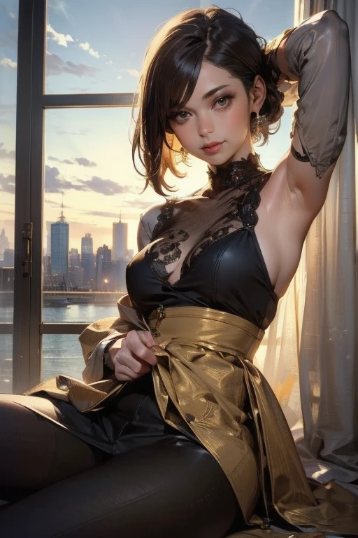 high-definition image, (((round face))), eyes realistic sizing, realistic skin, drooping eyes, smiling, ((various patterned feminine casual long dress, accentuated crotch area and body lines)), (strong sunlight, old fashion), skyscrapers, hair up, tiny earrings, ecstasy face, touching chest,