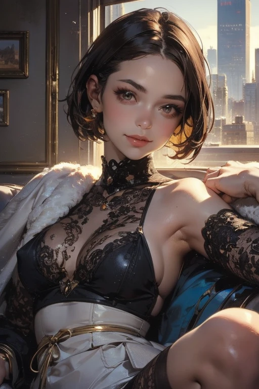 Portfolio, (Ultra Real), (Photo), (High Resolution), (8K), (Very Detailed), (Best Illustration), (Beautiful Detailed Eyes), (Best Quality), (Ultra Detailed), (Masterpiece), Solo, (Detailed Face), Solo, (Dynamic Pose), 1 Girl, (red_wavy_layer_bob_hair), (In Bathroom), Korean, Heterochromic Eyes, small moles under the eyes, ((apron)), big breasts, long legs, (camel toe), (black_stockings), (black_thin_shirt), (no_bra),(thong_panties), (black_high_heels), open legs, (garter_belt)