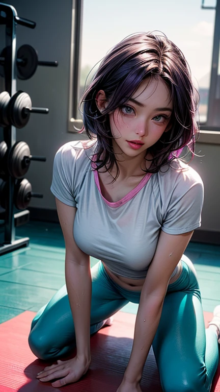((masterpiece)), realistic, High resolution photography, (24 year old female), cinematic light, beautiful woman, beautiful eyes, full body portrait of a photorealistic beautiful woman, perfect face, beautiful face, princess eyes, fair skin, short hair, (Workout Gym:1.2), (Vigorous exercise), ((A lot of sweat:1.5)), (water splash), (Side Chest), symmetrical eye, staring at camera in front, light silver hair, a stunning realistic photograph, full body, one shot, detailed depiction, complex, 12k, intricate. hit definition , cinematic, mix of bold dark lines and loose lines, bold lines, real life human, realistic, swimsuit, beautiful face, sunlight, cinematic light, beautiful woman, perfect anatomy, very cute, center image, style, bioluminescent, 8 life size, 8k Resolution, human hands, curiously complete, elegant, close to perfection, dynamic, (highly detailed), Huge, racy, Produce a realistic portrait of a woman with impeccable skin texture and captivating eye, SLR, f1.4