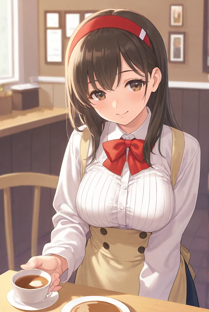 anime girl in a hat and shirt standing in front of a counter, tits, Naughty anime style, Kantai Collection Style, Wearing a blouse, Big Breasts!, Big Breasts!!, Realistic , ( waitress ) girl, Marin Kitagawa Fanart, have large breasts, H Style, She has tits, seductive anime girl