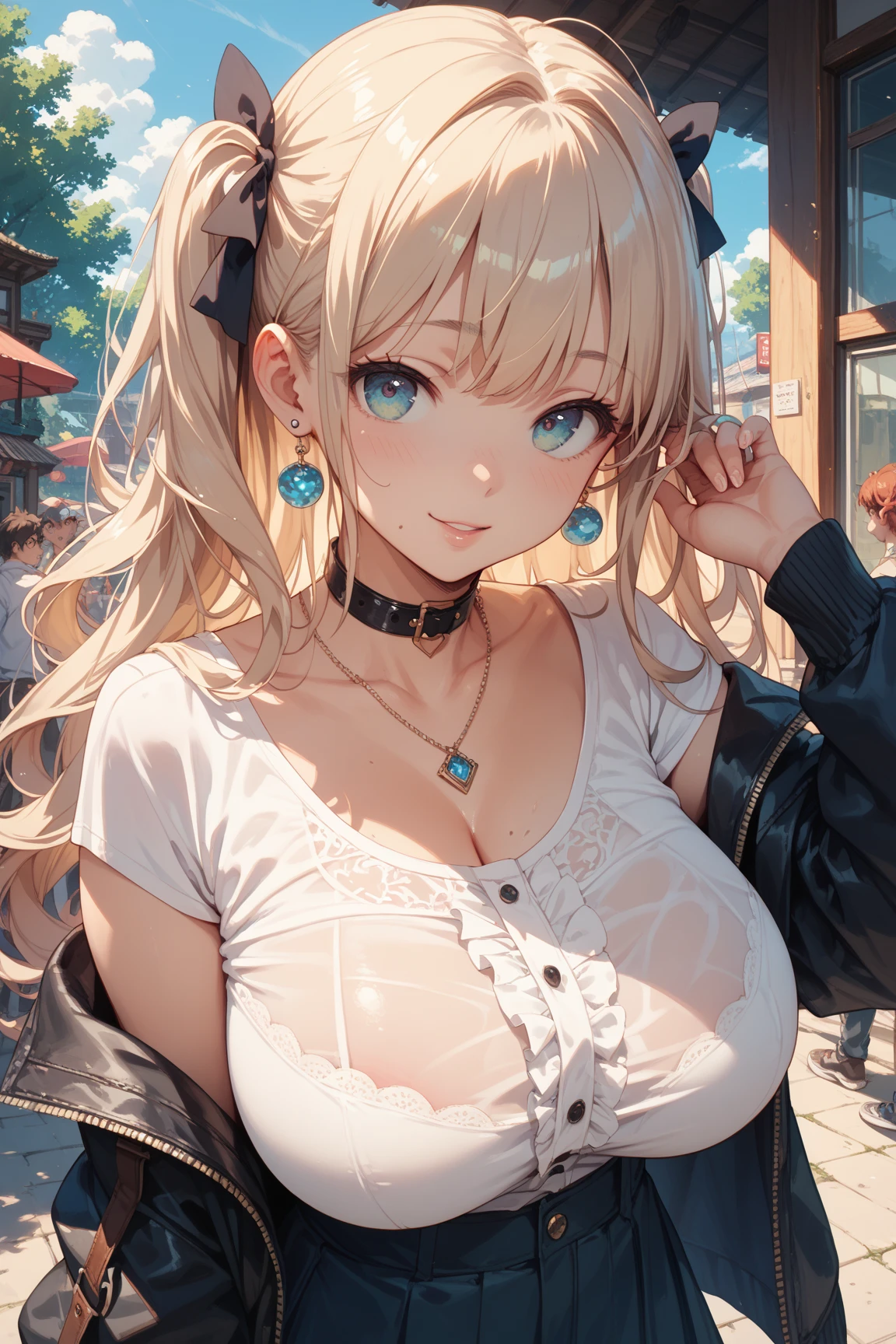 top-quality、Top image quality、masterpiece、girl with((18year old、Best Bust、big bast,Beautiful blue eyes、Breasts wide open, Blonde ponytail、A slender,Large valleys、Black sweater with open chest、White pants、Ruby Earrings、arms in arms、Troubled face))hiquality、Beautiful Art、Background with((Cities of London、natta)))、,masutepiece、visualart、depth of fields、