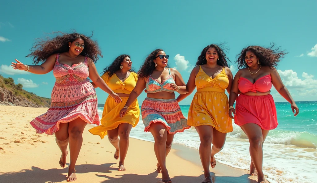 Three plus size model women are obese and overweight, 150kg, with a lot of fat on their stomachs and buttocks, they gained weight by eating too much, they are obese American plus size models with very large bellies, their bellies are big and bulging, covered with a lot of fat, they are wearing gorgeous colorful dresses and posing on the outdoor stage of the SSBBW contest to compete for their body size, 4K quality