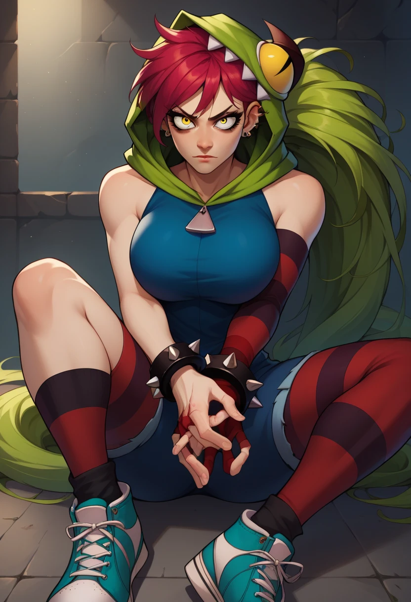 score_9, score_8_up, score_7_up, BREAK 1girl, <lora:demenciaXL:1> demenciaXL, 1girl, solo, long hair, breasts, looking at viewer, black skirt, blonde hair, large breasts, gloves, navel, bare shoulders, jewelry, nipples, yellow eye,black eye, pantyhose, thighs, red hair, multicolored hair, green hair, teeth, tongue, striped, hood, tongue out, fingerless gloves, clothes lift, bracelet, two-tone hair, hoodie, fangs, shirt lift, piercing, lifted by self, spikes, wide hips, personification, naughty face, nipple piercing, spiked bracelet, narrow waist, nipple bar