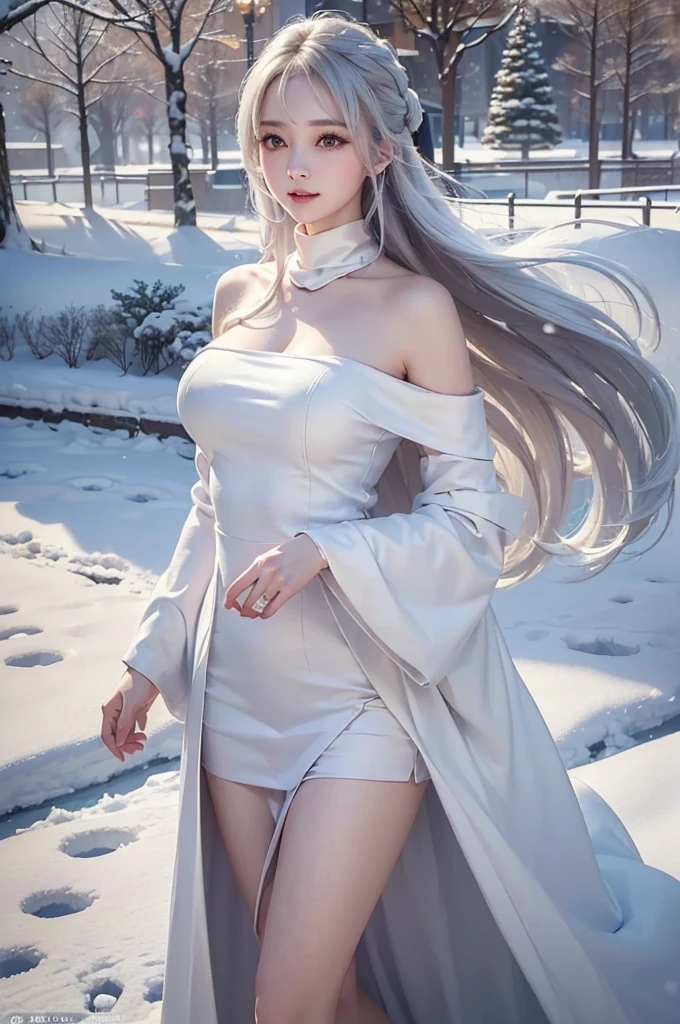 masterpiece、Highest quality、1 girl, winter, white hair, Cute girl, smile, close mouse, medium breasts, sideboob, white dress, winter clothes, long skirt, Fur coat、Small waist、Thin legs、outdoors, snow falling