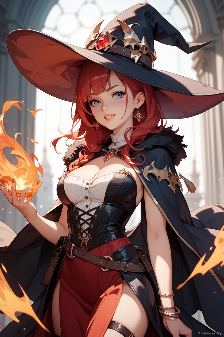 1 woman, Mirael, tall body, big breasts, big thighs, red hair, long hair, black dress, witch hat   