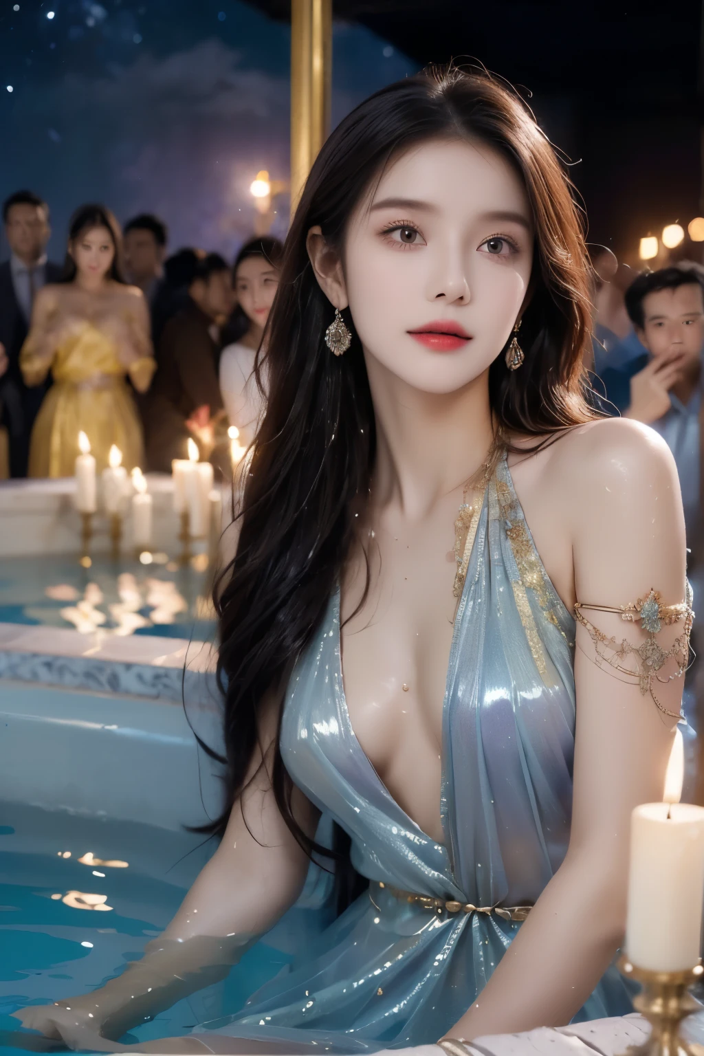 (((best quality))),(((ultra detailed))),(((masterpiece))),illustration,((1 beautiful young girl,solo)),(shoulder length straight hair:1.2),(((sweat,wet,shiny skin))),((slim,thin)),((small breasts,flat chest)),summer,(night scene:1.3),((Ancient Roman style,male public Bathhouse,opulent architecture)),(indoor:1.3),(delicate transparent dress:1.3),floating,(in bathing pool:1.3),almond-shaped eyes,mysterious allure,fair complexion,intricate patterns,embellishments,rich hues,deep blues,purples,shades of gold,silver,million tiny stars,mesmerizing twinkle,Marble columns,ornate statues,frescoes,perfumes,incense,indulgence,relaxation,magnificent centerpiece,mosaics,intricate patterns,candles,timeless realm,ancient Roman traditions,modern aesthetics,beauty,grace,embodiment,impression on viewer,(surrounded by crowded crowds of men:1.5),((from front,upper body))