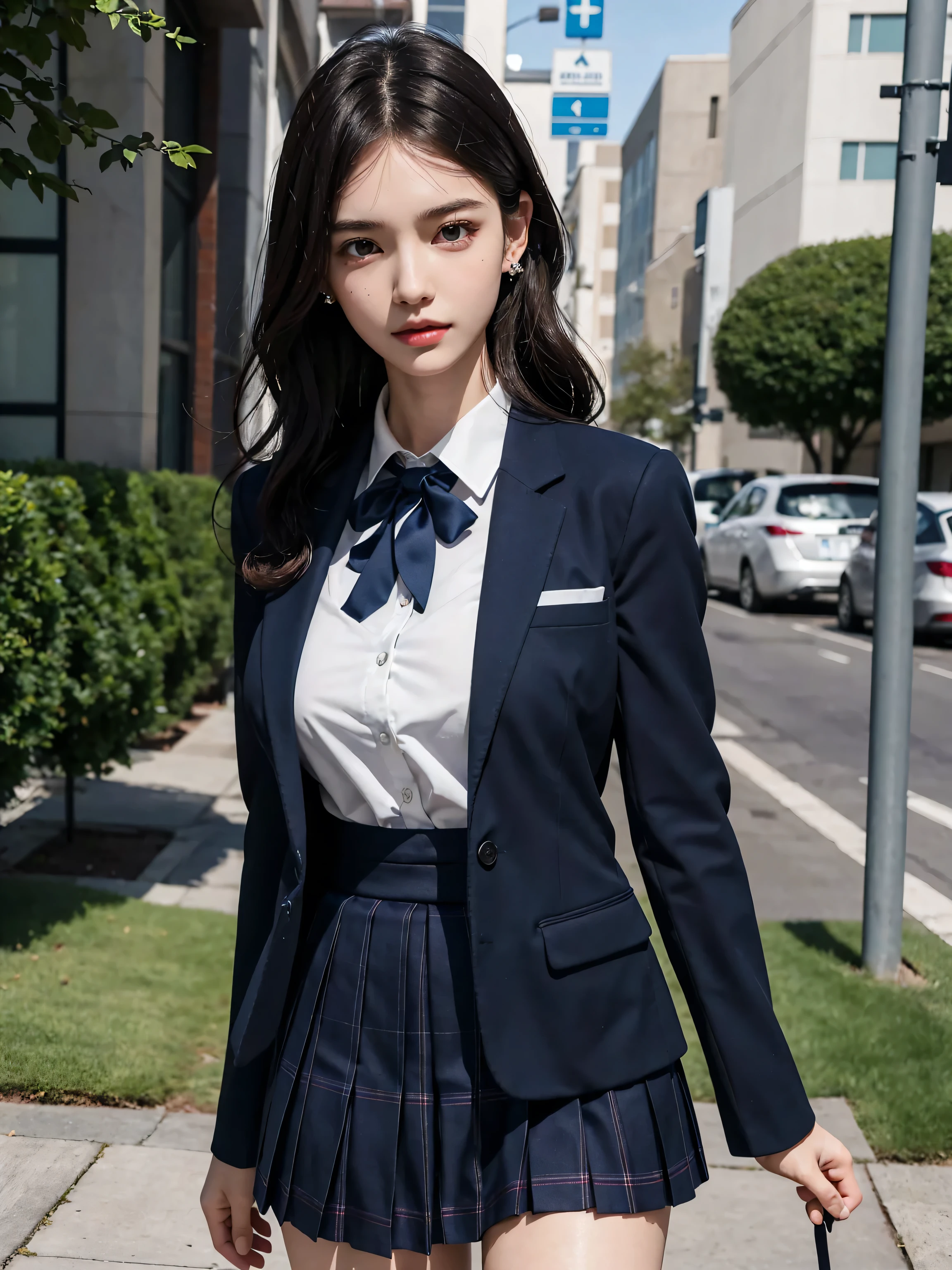 (8K), (highest quality: 1.2), (realistic), (realistic: 1.37), ultra high resolution, 1 girl, cute, smile, closed mouth, beautiful details, beautiful nose, wet hair, red lip,One-point piercing,giant dulcefo, pork, thighs，self snap,University Student Uniform,sunny day,I can see the sea,sit on a bench,cross your legs,Look down,From above,(Simple dark grey blazer 1),(dark gray pleated skirt),(dark blue bow tie),(The pattern of the skirt is a tartan check pattern...:1.3),濡れたthighs,knee high tights,(thighsにクローズアップ1.2)