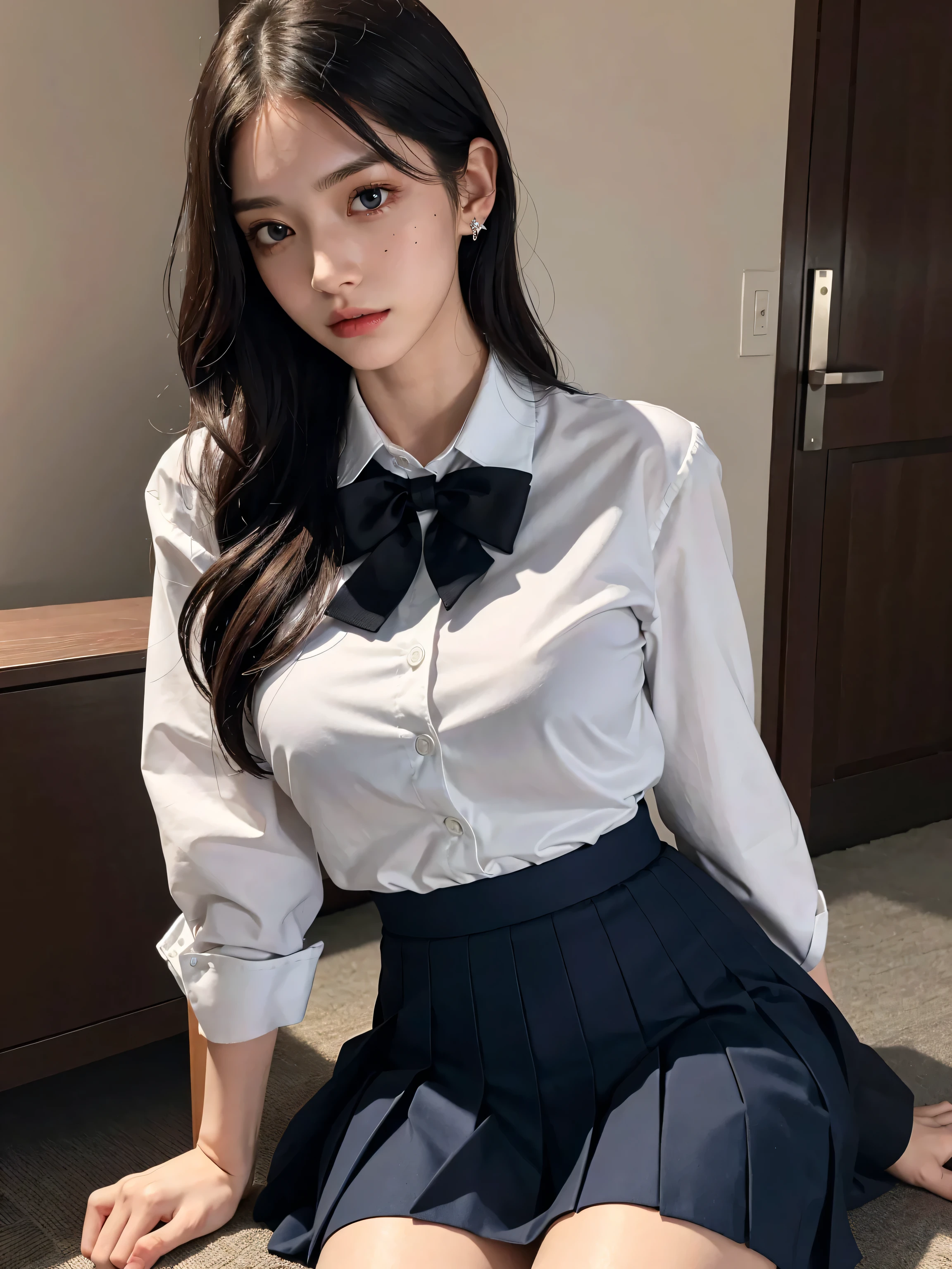 absurdres, RAW photo, extremely delicate and beautiful, masterpiece, Best Quality, ultra high resolution, 32k, hyperrealistic, ultra-detailed, perfect figure, Perfect Style, Perfect balance, in her 20s, very small head, very small face, delicate facial features, tearful mole, earring, ((very huge breasts)), ((full body shot)), medium hair, black hair, ((school_uniform)),