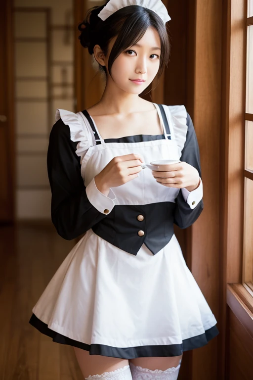 
Close-up of a woman wearing a maid outfit, masterpiece, realistic, sharp focus, (realistic:1.3), ultra high res, 8k, RAW photo, best quality, detailed shadow, amazing, finely detail, sharp focus, (shine light on face:1), (Volumetric lighting:1.4), 1 girl, long hair, black hair, large breasts, heart-shaped face,Full lips,(maid:1.4), black pantyhose, loafers, standing, cafe, from below, looking at viewer