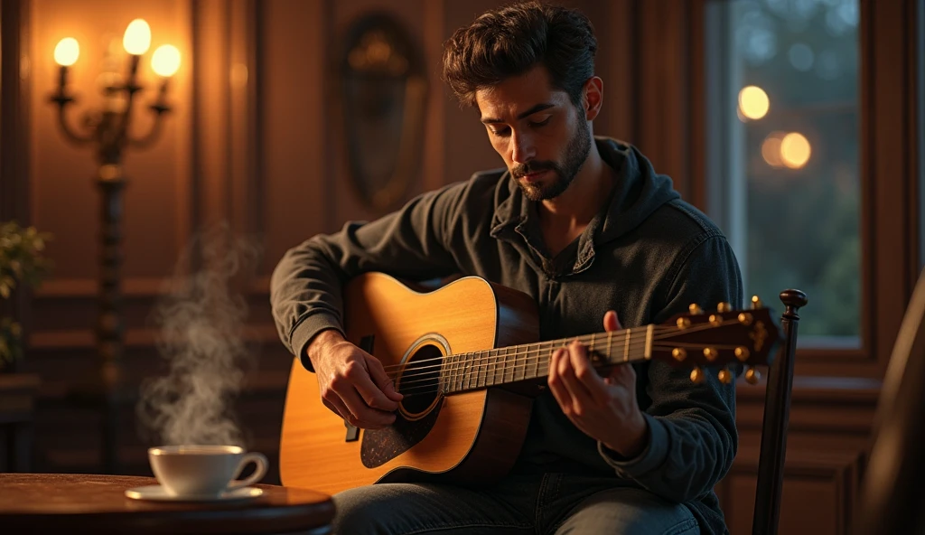 Playing guitar while drinking coffee and smoking