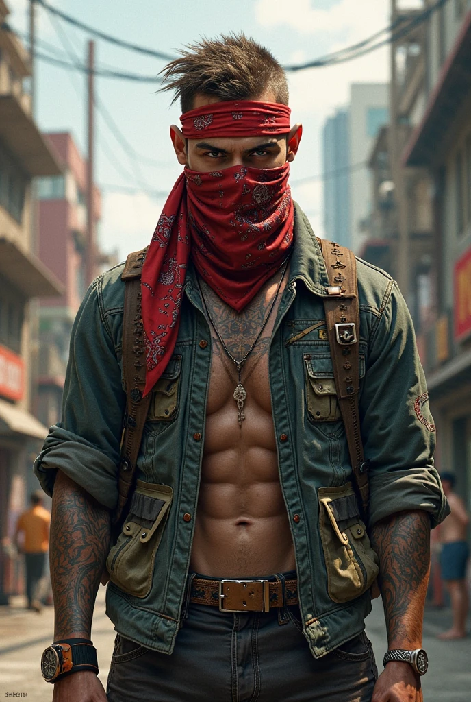 Wearing a red keffiyeh mask with a tattooed chest and a gold chain that says 'rich' in the game Free Fire