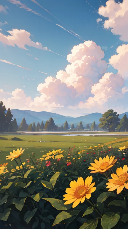 Summer, meadows, a few small flowers, clear lakes, heaven, large clouds, blue sky, hot weather, HD detail, hyper-detail, cinematic, soft light, deep field focus bokeh