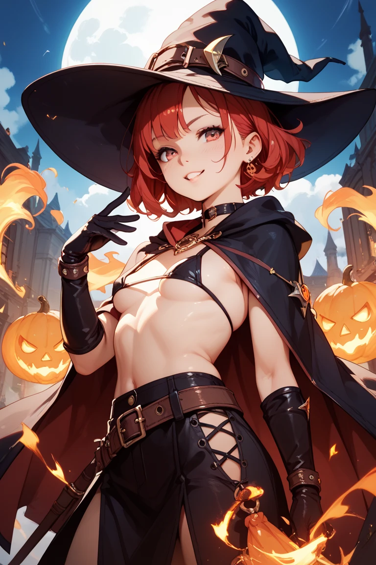 Witch on a broom, orange summer tunic,cape,orange mini skirt,Leather gloves,red hair,Open chest