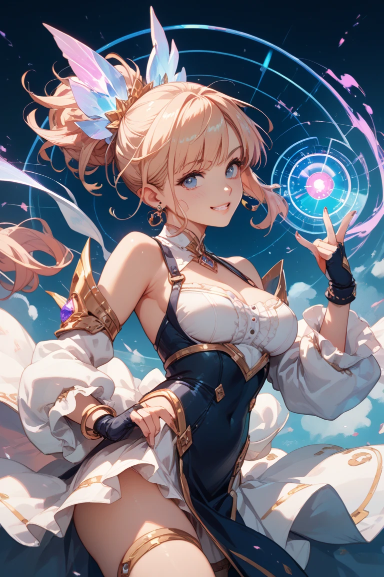 最高masterpiece、16K、最high quality、uhd、Detailed face、Detailed eyes、Epic Seven Style、girl、 (Wavy Ponytail, Shoulder hair, Very long hair, very thick hair), Blonde or white hair、Have beautiful eyes, Golden Eyes, Star-shaped pupil, Diamond-shaped pupils), smile, Happy , Big Breasts, Cleavage, Crescent moon earrings, Casual wear goddess, 2 pairs of leather collars with beautiful jeweled feathers), (Hair Flower Hairpins), Using Lens Flare, chromatic aberration, Attention to detail, anime, Romanticism, op art, Written boundary depth, Motion Blur, Dazzling Light, Film Grain, 超High resolution, retina, Accurate, masterpiece, Anatomically correct, Rough skin, Very detailed, Attention to details, high quality, Awards, 最high quality, High resolution, 16K, Place your hands behind your back、Panchira appearance、Pull up your skirt