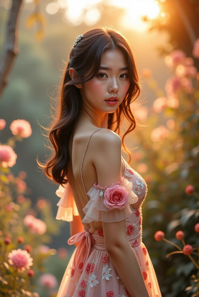 Fantasy art, dynamic lighting, realistic face, calm, elegant, beautiful, temperament, music, sunset sun, flowers, upper body
