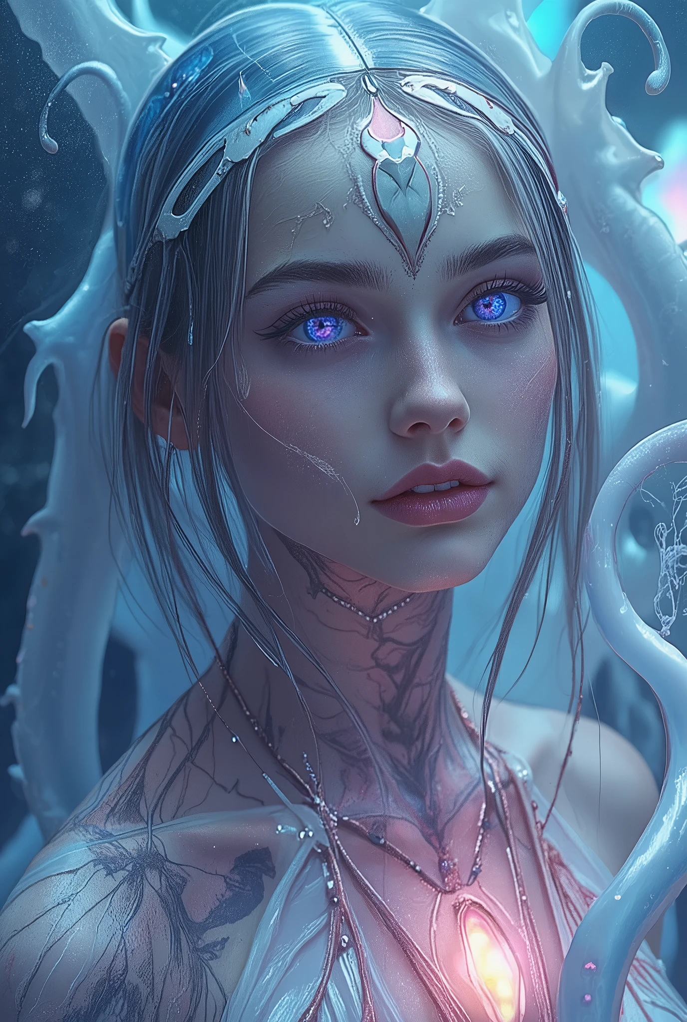 (4 iridescent eyes:1.5), four eyes, scary and sexy detailed art in color, Portrait, (beautiful and obscene female alien:1.4), (vulgarity1.7), (Translucent white skin:1.4), (There is a female genital-like organ in the middle of the forehead:2.3), (The most beautiful face in the history of the universe:1.2), an evil gaze that seduces, (sharp vampire teeth :1.0), Full body portrait, (bio luminescent:1.2),(Lots of translucent tentacles:1.8) , Neon Colored, in the deep sea, dramatic pose, four eyes,