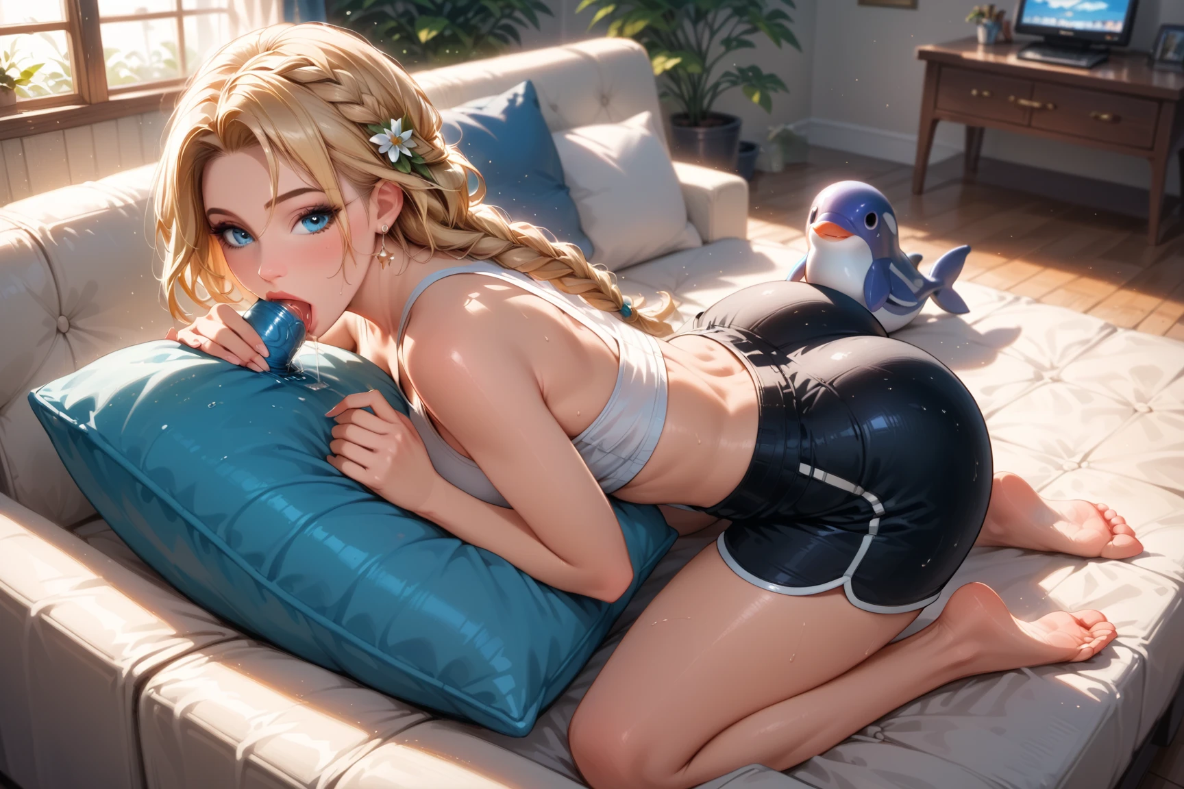 Masterpiece: 1.4, beautiful, grass field, erotic, daytime,(1 girl), (anime woman, beautiful mature face, sitting on the chair with open legs ,underboob, looking at the viewer, blonde long curly hair, seductive bright makeup, fit, bubble butt, sports top,latex shorts, white sneakers)
