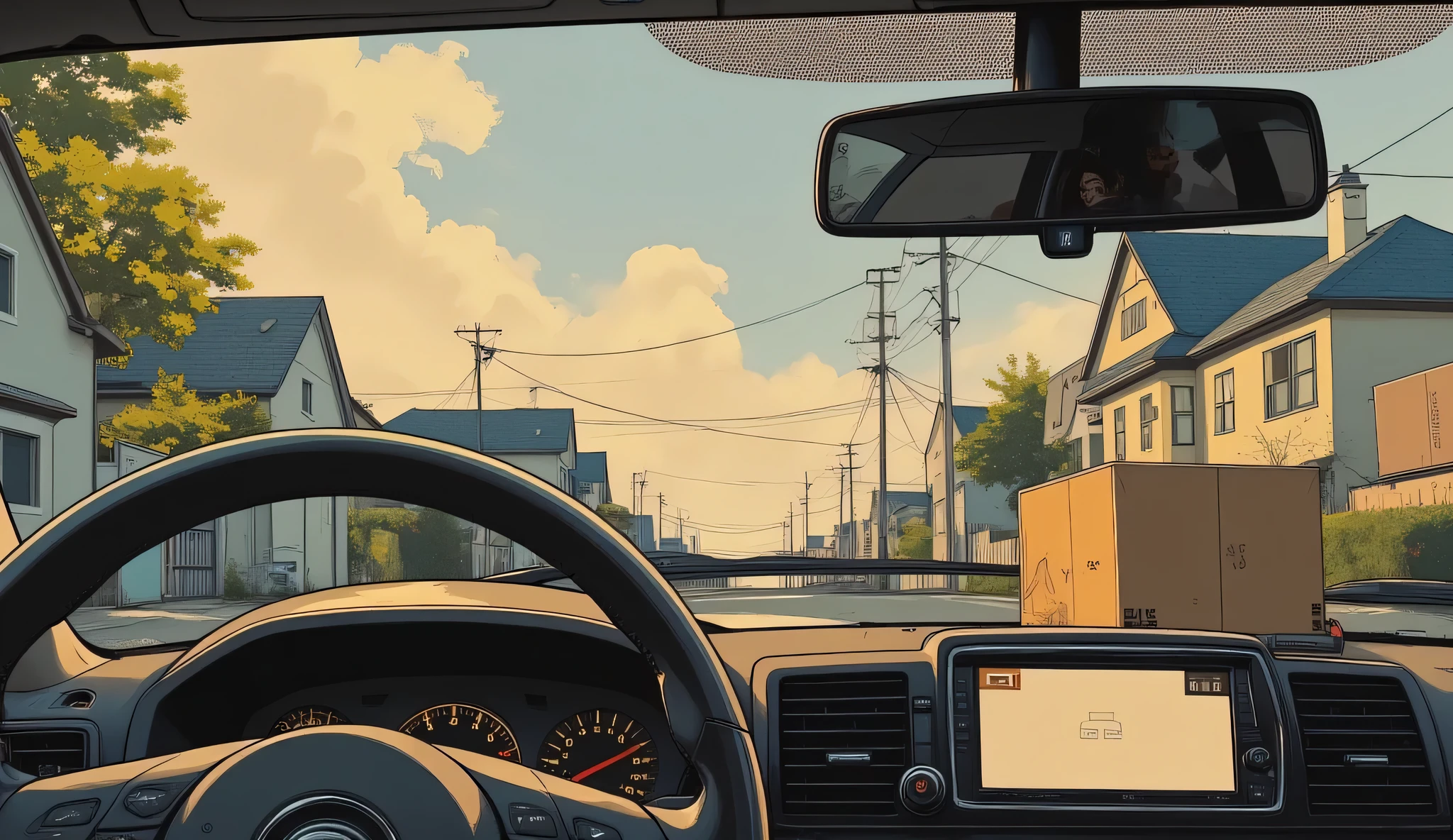 Oil and acrylic painting on canvas, the camera is inside a car as the driver pov scene. the infront miror showes that there is boxes in the back seat, and there is a box beside the seat driver.. The scene is rendered in a Ghibli-inspired style, featuring a hood houses in the background. The artwork uses soft colors and hand-painted textures to create a serene atmosphere that harmonizes with nature. It captures the anime aesthetic, blending “lo-fi art” and summer evening vibes with high detail and ultra-high resolution for a beautiful animation-style wallpaper. not detailed just a normal anime bg