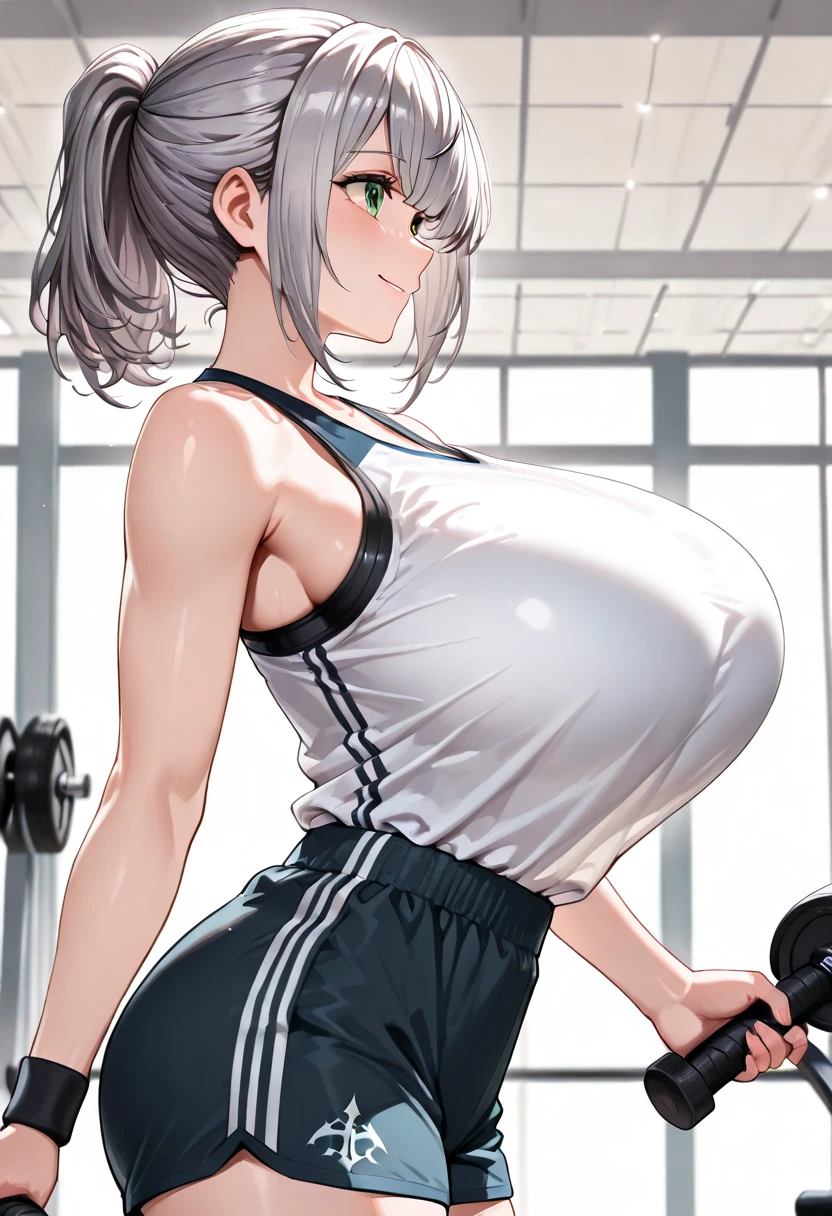 Anime girl biger boob
Very tight bra
White hair
In gym