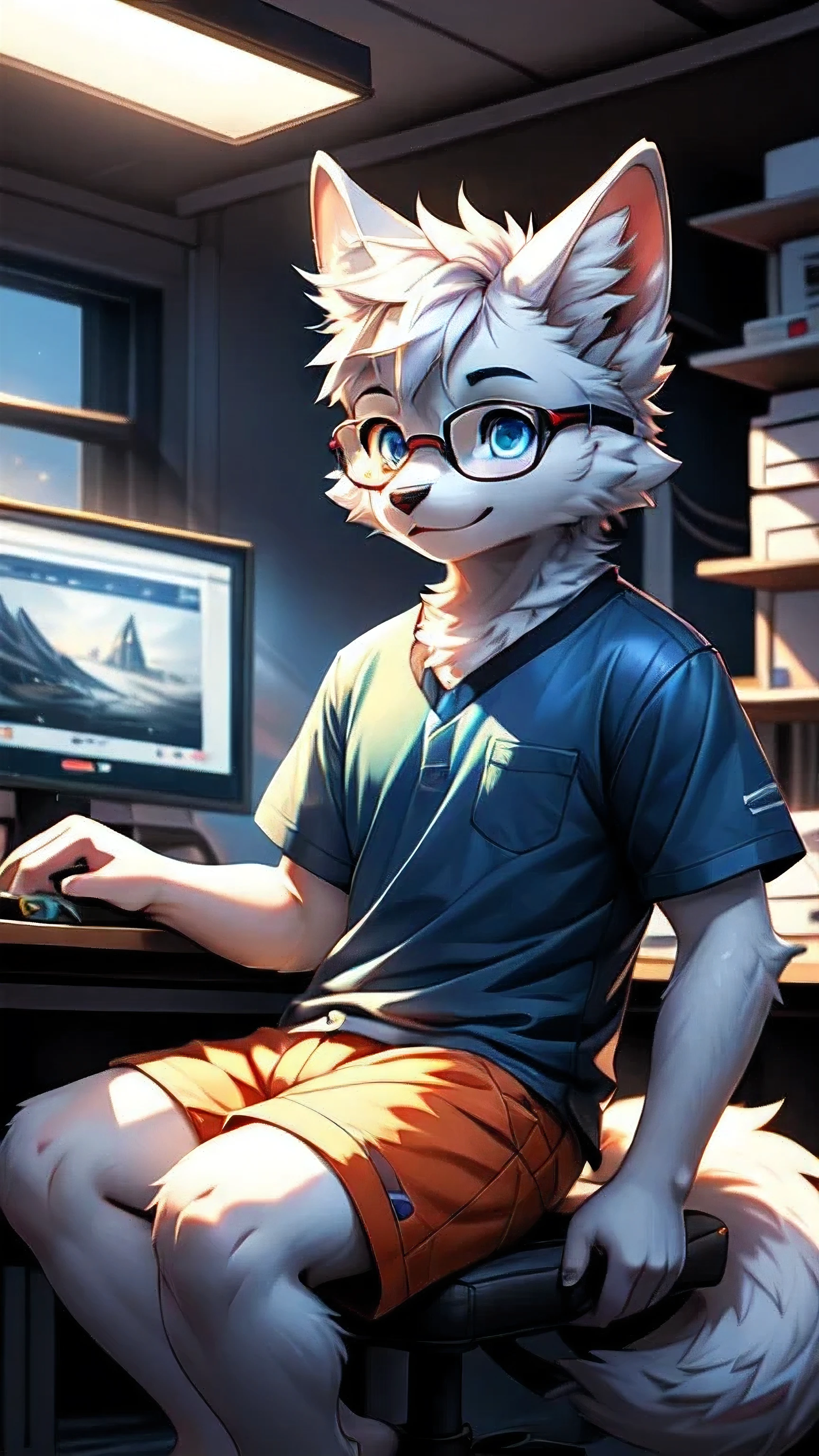 A highly detailed picture of a young arctic fox and a wolf, male boy,(猫狗脸,short brachial part )portrait , Extremely detailed face and facial features , Beautiful blue eyes and ears , Fluffy white fur , white body , furry white tail, Short sleeve, shorts, barefoot, masterpiece, best quality ,8,000, super fine, Actual , photo Actual , Physically Based Rendering , Bright Colors , sharp focus,black glasses,Repairing computers in the computer room