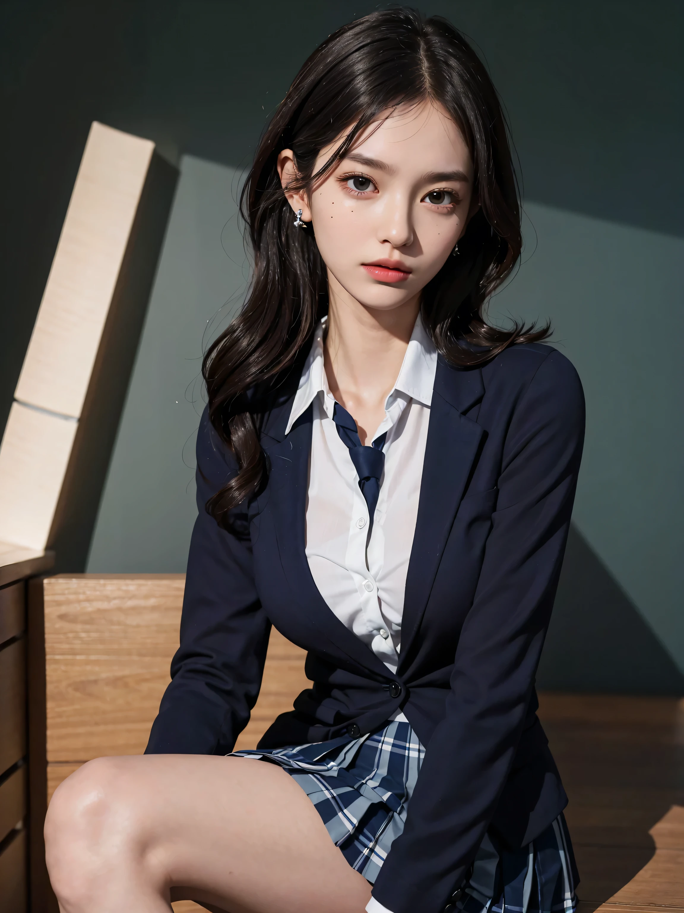 ulzzang-6500-v1.1, navy high socks Majimix Real、(Raw photo:1.2)、(Photoreal:1.4)、(genuine:1.4), beauty in beautiful details and delicate expression、blonde、((I can see my pants))(Crouching panty shots)earrings eyelash beautiful and fine eyes、huge file size、super detailed、High resolution、transcendental beauty highest quality、masterpiece、、(Japanese girls' high school uniform))、very detailed expression small、finely、Highly detailed face movie lighting、23 year old girl、positive、((dynamic pose)))、(Sit straight with your knees bent))、pleated skirt、blazer、sexy upper eyes