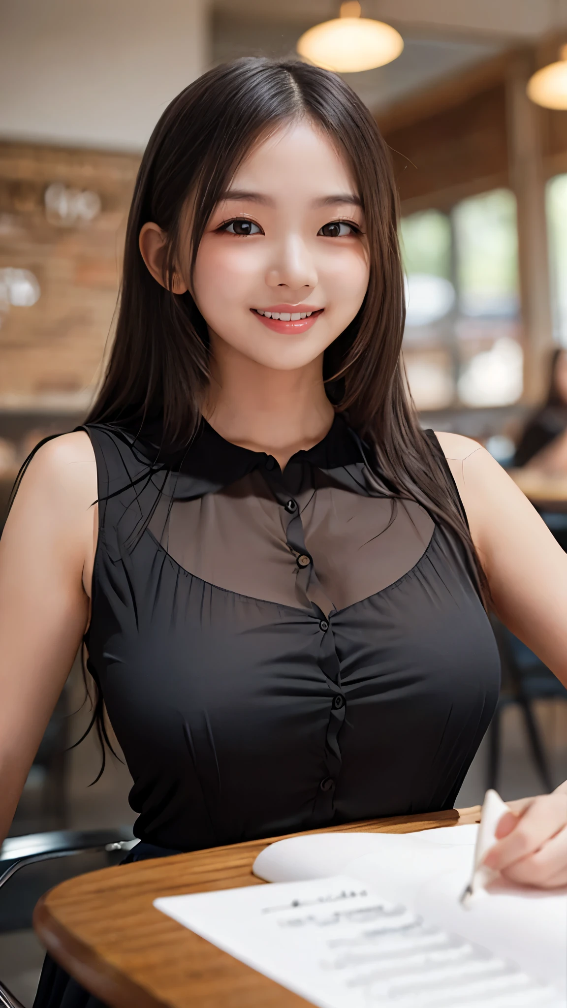 (Dable Top), (((Milk on the table, breasts on table))), (, Young FacHOOL GIRLS)、(sleeveless see-through blouse)、knee length long pencil skirt, black hair, (Beautiful girl sitting in a stylish coffee shop)、((slender body line)), (Emphasized breasts, seductive breast bag), (detailed hands:1.3, perfect right hand:1.3, fine fingertips down to the smallest detail:1.1), top quality, 8k,  RAW photos , (Reality), Ultra Fine, (detailed eyes and face:1.2, professional photography techniques), (looks at the viewer:1.2, Mischievous Smile), (perfect anatomy:1.2)