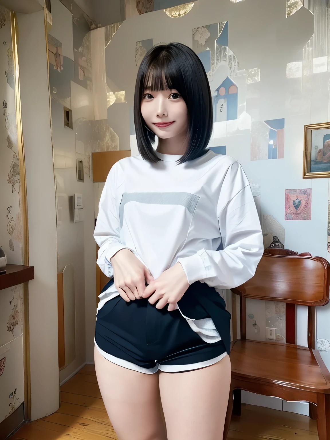 (((nsfw)))、 close、 Beautiful woman in car 、cute、(( Care worker ))、smile、  extra long hair  、((Delicate photos))，( detailed RAW photos of girls ), (table top:1.0), (top quality:1.6), ( ultra high definition :1.5), (realistic:1.75), 8k resolution, absurd, Super Detail, Cinema Light,、、(( she says  ))、(hairstyle with bangs)、Long sleeve T-shirt、((colorful rooms:1.1))、((  lots of toys  :1.))、((cute wallpaper room))、((simple shorts in a private house:1.2))