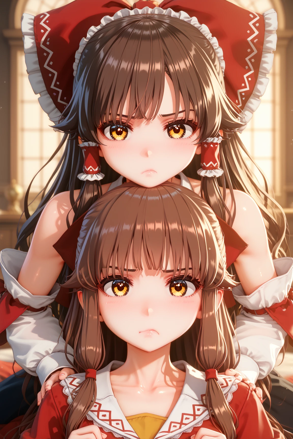 SuchKoikatsu, 3D Render, (masterpiece, best quality), amazing quality, very aesthetic, absurdres, highres, newest, HDR, 8K, great depth, intricate detailed, photo-referenced, detailed background, beautiful detailed, beautiful face, bright face, large pupil, eyelashes, brilliant skin, shiny skin, 2girls, Marisa Kirisame, Reimu Hakurei, pastel colors, Reimu Hakurei, brown hair, brown eyes, long hair, pout, Marisa Kirisame, brown hair, long hair, amber eyes, detailed clothing, sitting together, friendship, warm lighting, cozy atmosphere, indoor scene, comfortable room, detailed interior, soft shadows, bloom effect, dynamic composition, medium shot, professional lighting,