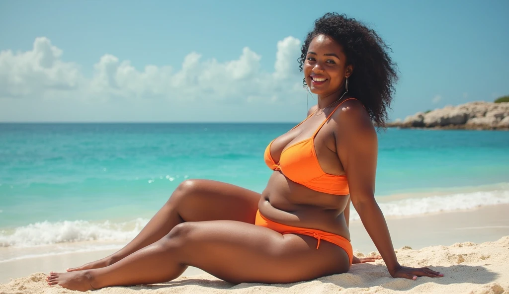 ONE GIRL. best quality, ultra-detailed, hyper realistic, 8k, full body shot, 23 years old, Nigerian beautiful girl, round shaped face, dark black skin, highly detailed skin with blemishes, ebony, dark natural afro hair, fit athletic figure, full body, big natural E cup breasts, big butt, wide hips, wearing a sexy bikini, cleavage, smiling, in a crowded beach