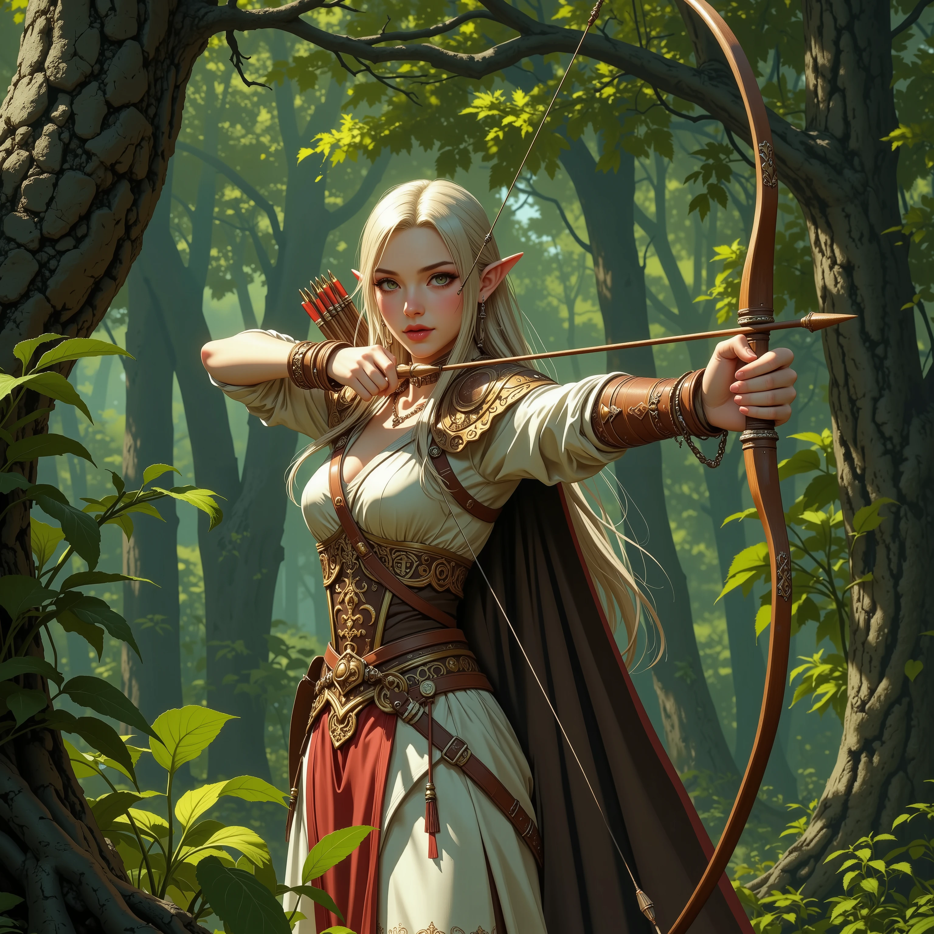 ((Best Quality)),( super high definition),(Super detailed),( detailed description ),((The best CG)),(masterpiece),elf,elf costume,(the elf will shooting arrow from her elf’s bow,aiming viewer), face