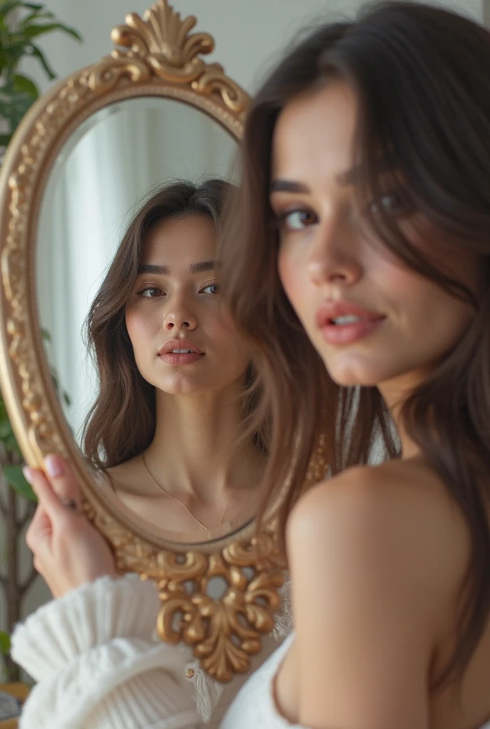 Fille brune qui se prend en photo devant son miroir très réaliste