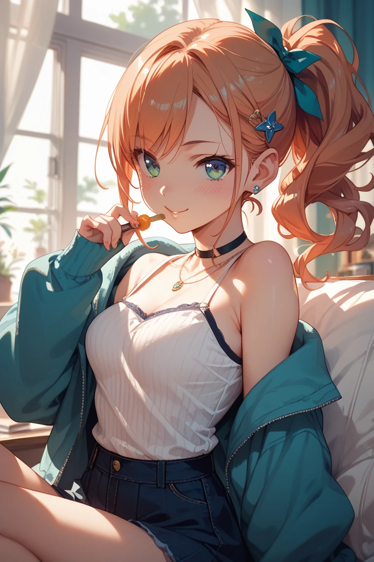 sandy beach、Asahi、big butt、 (alone:1.5,)Super detailed,bright colors, very beautiful detailed anime face and eyes, look straight, ;shiny_skin,girl, ((White long hair,Inner color is red )、forehead is exposed.、、shiny hair, delicate beautiful face, blush、(turquoise eyes), White skin, Valletta, earrings,、、、red check mini skirt、twin tails、cheerful pose、dynamic
