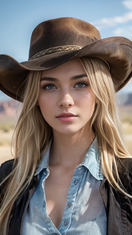 western cowboy style, best quality, 8k, very delicate and beautiful, highly detailed face and skin texture, shiny skin, high resolution, beautiful long blond hair european girl in cowboy costume at western cowboy town, sharp focus