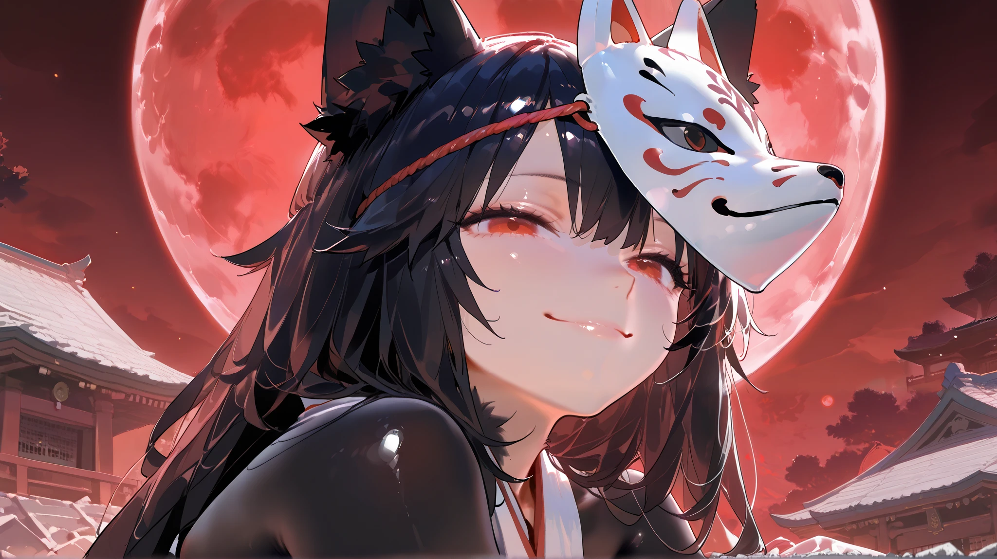 is written in depth,A girl wearing a fox mask、Sitting on the roof of a rubble-covered tavern,Shrine maiden,Black fur,wide,Red Eyes,Red Moon, Shiny Skins,( affected smile ),(close-up:1.3),Extension arm