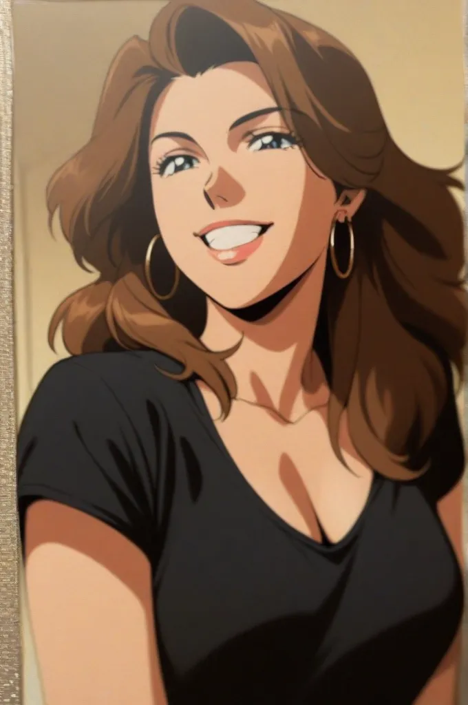 Selfie shot, detailed face, upper body view, detailed body, 4k, Sumergai Lee Noriega, best quality, anime style, hires, highest definition, digital blending, bold drawing lines, ((), (slender body), mature woman, (female wrestler, white tanktop), cheerful, gorgeous, smile, (closed mouth), (pale skin, shiny skin, lighting and shadow), (cleavage), (clean face), (warming up), closed fists, (brown hair, curly hair, long hair), 27 years old, sexy, sun glasses