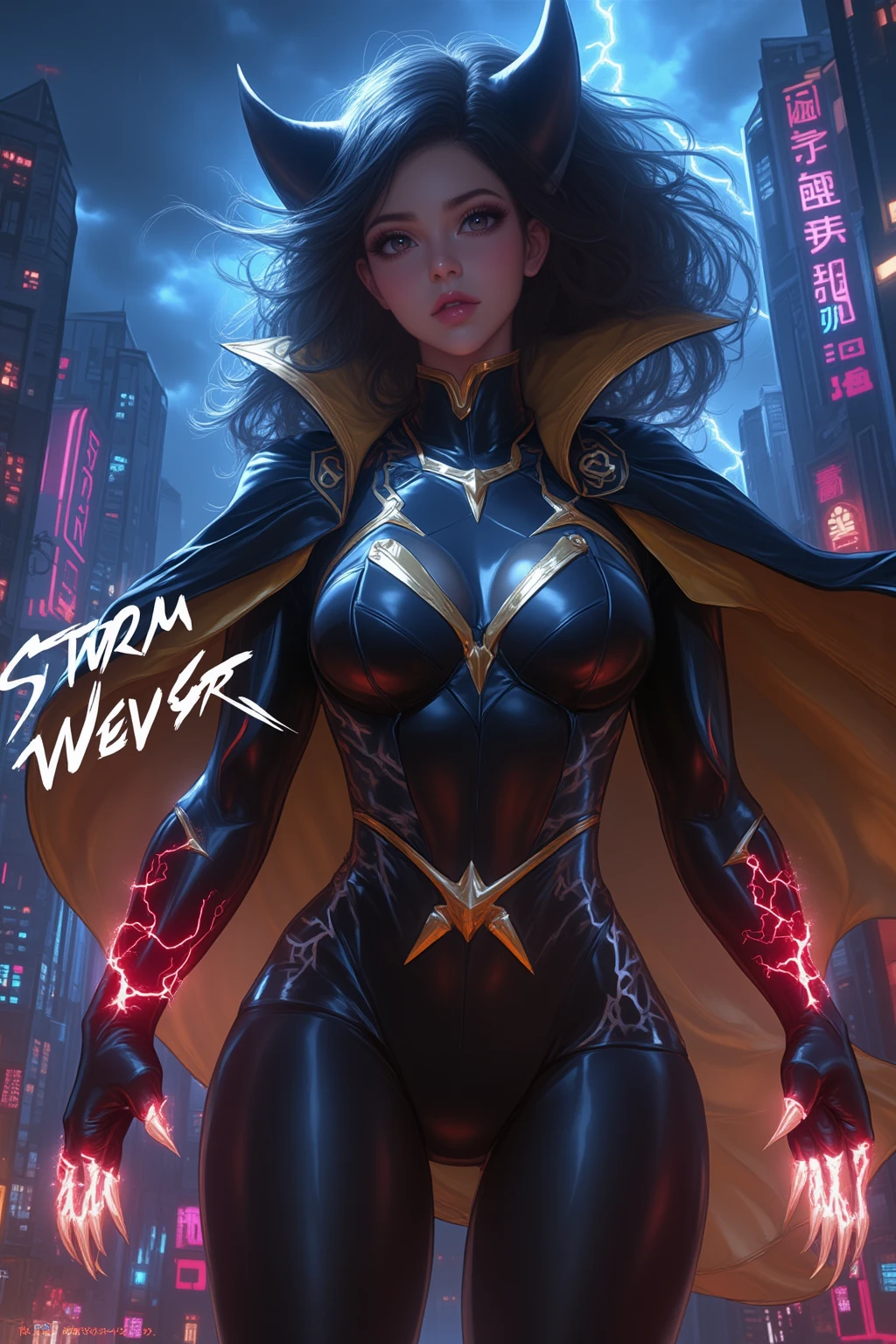 Full body ((frontal)), Hyperrealistic masterpiece brunette short hair braids ((with glowing colorful fringe)) Superheroine in detailed black & golden tight plugsuit ((with white cape)), cinematic illumination 8k