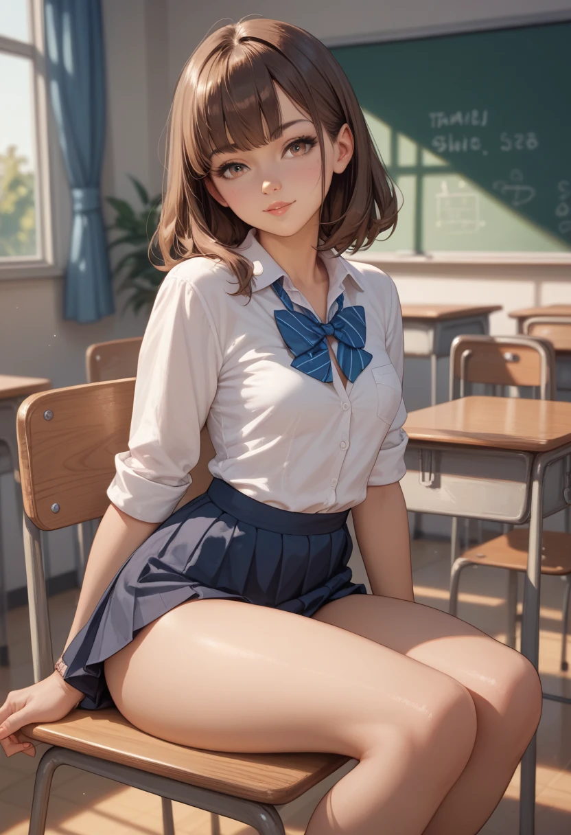 ((masterpiece)), ((best quality)), (ultra-detailed), ((extremely detailed CG)), 4K, (8K), best quality, (beautiful), anime style, full body, full body focus, from below, ‎Classroom, desk, chair, a cute girl, 1girl, solo, Double eyelids Eyes, school uniform, sitting chair, (panty shot:1.2), beautiful light brown hair, beautiful brown eyes, ((beautiful detailed eyes)), short hair, ashamed, blush, shiny-glistening, gleaming, Professional Lighting