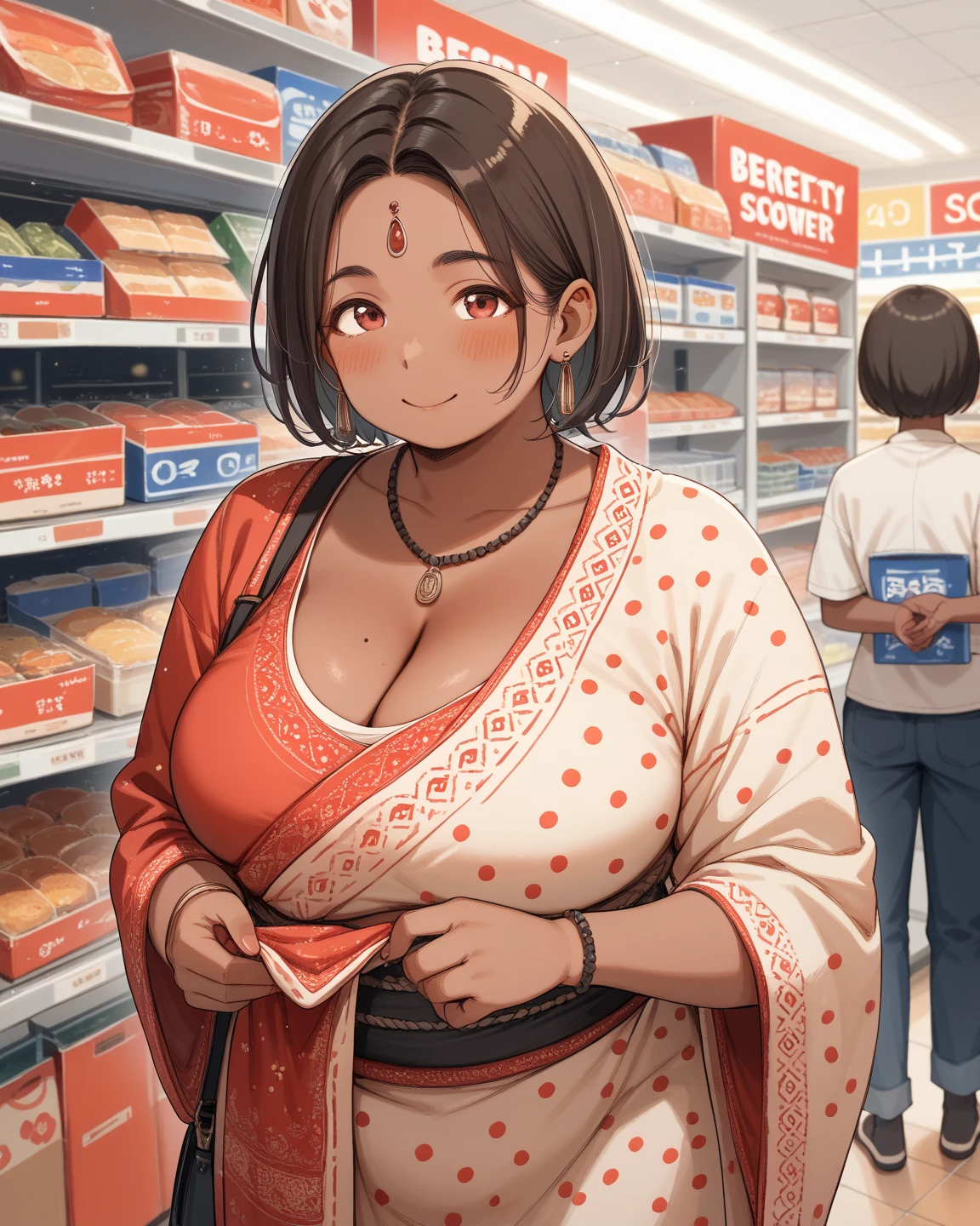 1 very busty indian women in lacy nighty gown,goes for shopping to buy a large in shop,where she asked a salesmen to give har most large didlo,large around her,high details,,perfect anatomy,perfect face,((huge breast))((large breast)) view from top