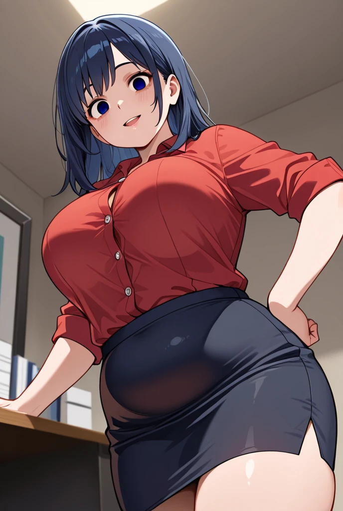 Woman in a business suit, curvy, busty, evil smirk, dominant stare, thick thighs, cyan hair, view from below, presenting her butt, lifting her skirt, inside a room