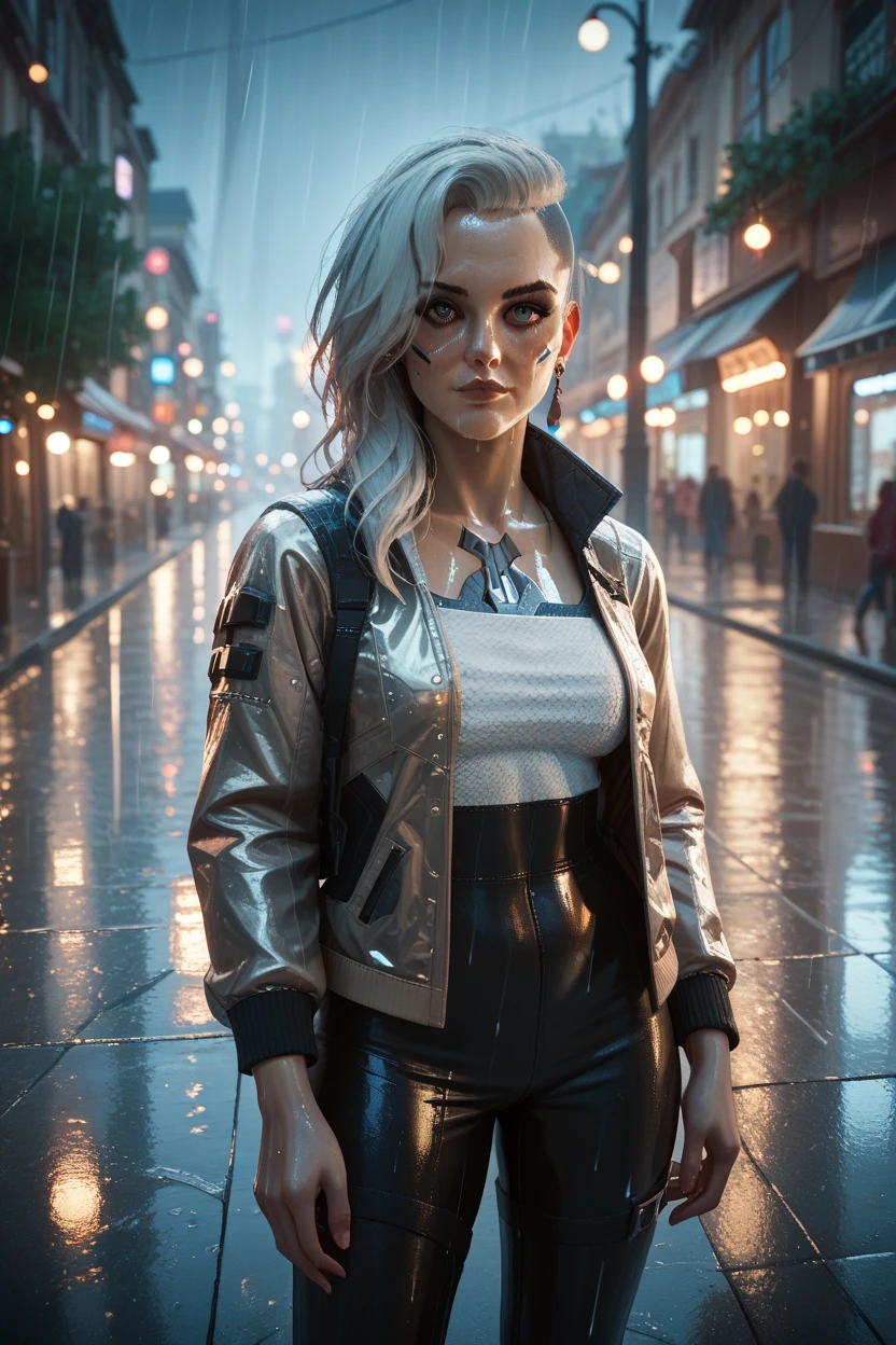 score_9, score_8_up, score_7_up, score_6_up
CyberRogueOld, 1girl, white hair, asymmetrical hair, looking at viewer, standing under a streetlamp in the rain, reflections on wet pavement, city lights blurred in the background, cinematic and dramatic feel