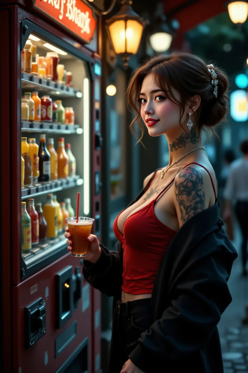 Downtown at night、The neon lights on the billboards are dazzling、A cute girl who got drunk and fell asleep on the street、Close your eyes、Your mouth is open、huge tit、beauty legs、cleavage of the breast、high-heels、(Holding a bottle of liquor)、Tie-dye jumpsuits and layered jewelry