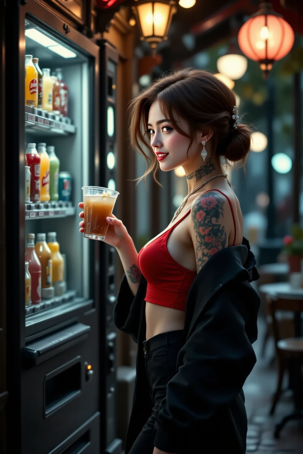 alchemypunkai, (masterpiece), best quality, realistic, expressive eyes, perfect face, beautiful waiters, tribal tattoo,wearing naked apron uniform, open chested uniform, deep cleavage, short red hair, from front, large-breasted, in restaurant, serving burger, facing at viewer, (crowd restaurant, peoples,burger,peoples in,many peoples,restaurant,coffee machine,coffee glass,crowd, tables, bottle, crowd), alchemypunkai,