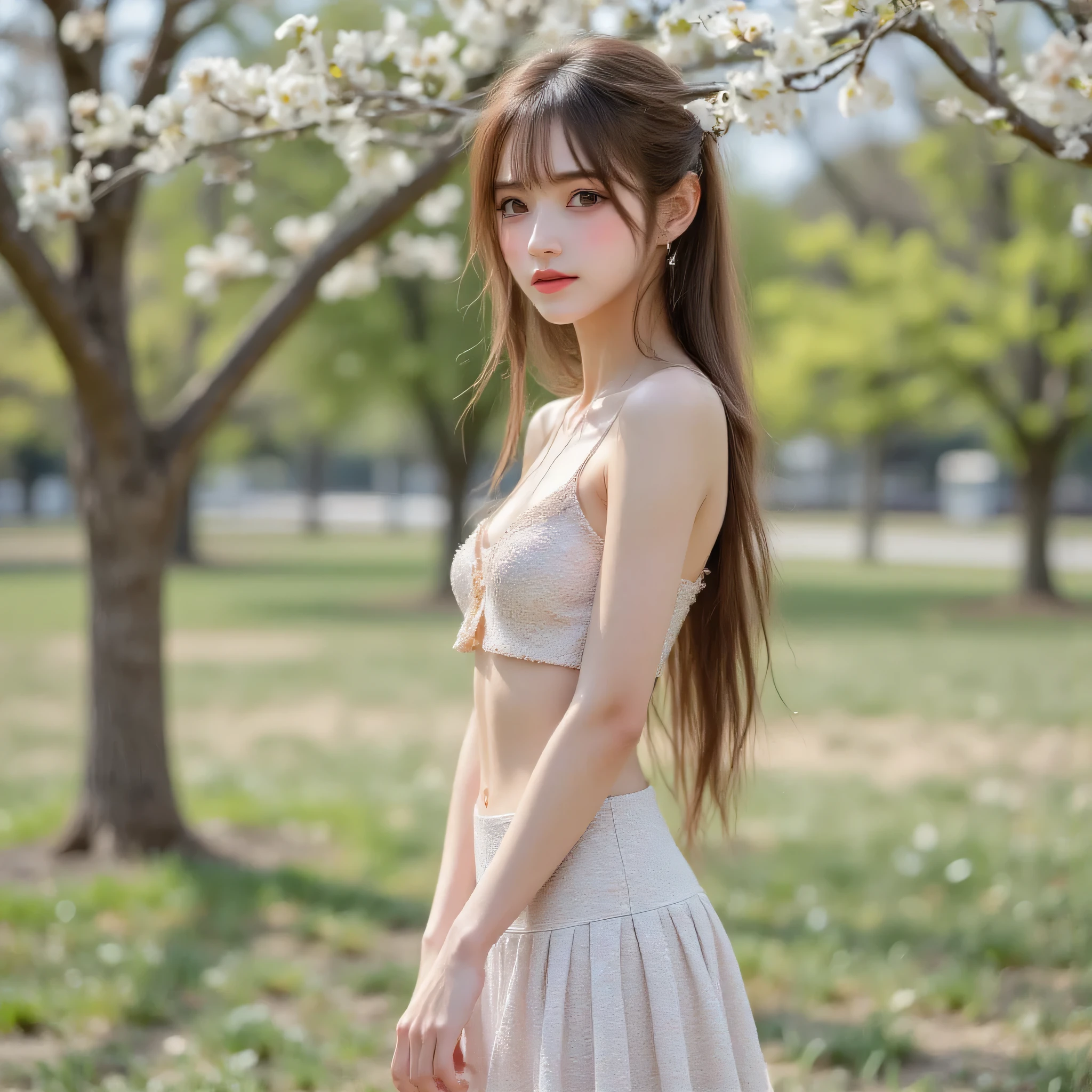 18 years old skinny korean girl with long brunette hair and long tail behind her head hairstyle is in the middle of spring park in a sunny weather in a very short mini skirt, as short as we can see her camel toe underneath her skirt, she is a very tight slim fit short top, she has a very cute face, a cute eyes. We ca see her staying a full body
