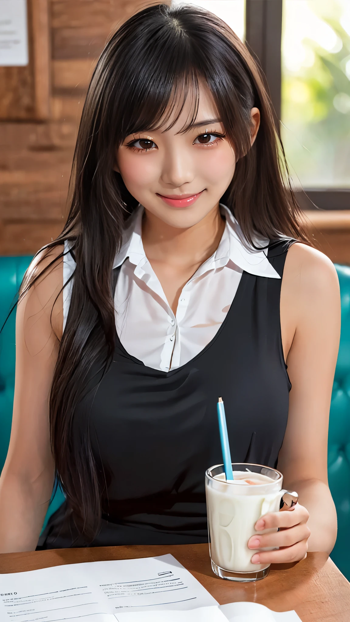 (Dable Top), (((Milk on the table, breasts on table))), (, HIGH SCHOOL GIRLS)、(sleeveless see-through blouse)、knee length long pencil skirt, black hair, (Beautiful girl sitting in a stylish coffee shop)、((slender body line)), (detailed hands:1.3, perfect right hand:1.3, fine fingertips down to the smallest detail:1.1), top quality, 8k, RAW photos , (Reality), Ultra Fine, (detailed eyes and face:1.2, professional photography techniques), (looks at the viewer:1.2, Mischievous Smile), (perfect anatomy:1.2),