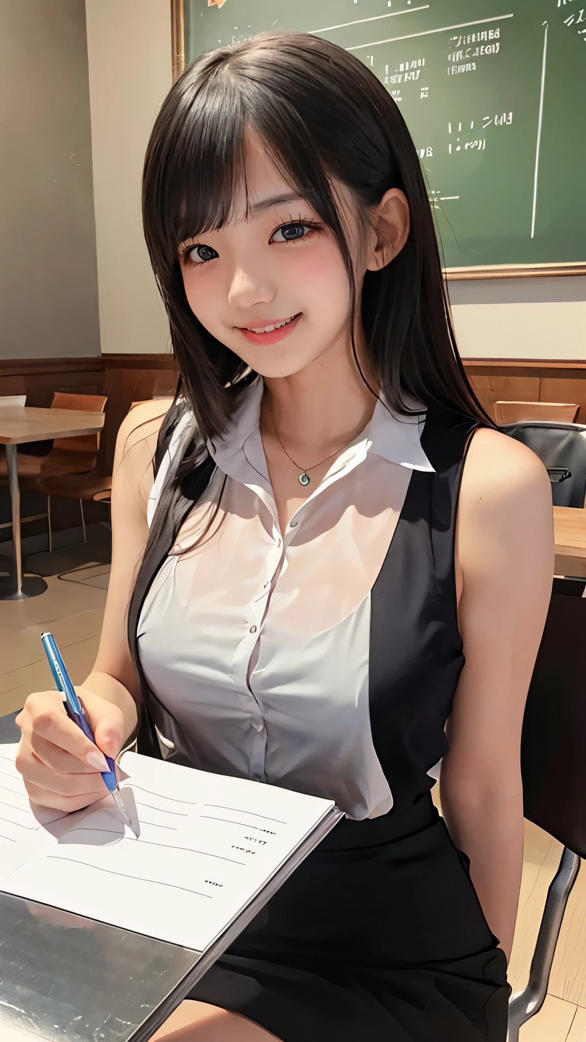 (Dable Top), (((Milk on the table, breasts on table))), (, HIGH SCHOOL GIRLS)、(sleeveless see-through blouse)、knee length long pencil skirt, black hair, (Beautiful girl sitting in a stylish coffee shop)、((slender body line)), (detailed hands:1.3, perfect right hand:1.3, fine fingertips down to the smallest detail:1.1), top quality, 8k, RAW photos , (Reality), Ultra Fine, (detailed eyes and face:1.2, professional photography techniques), (looks at the viewer:1.2, Mischievous Smile), (perfect anatomy:1.2),
