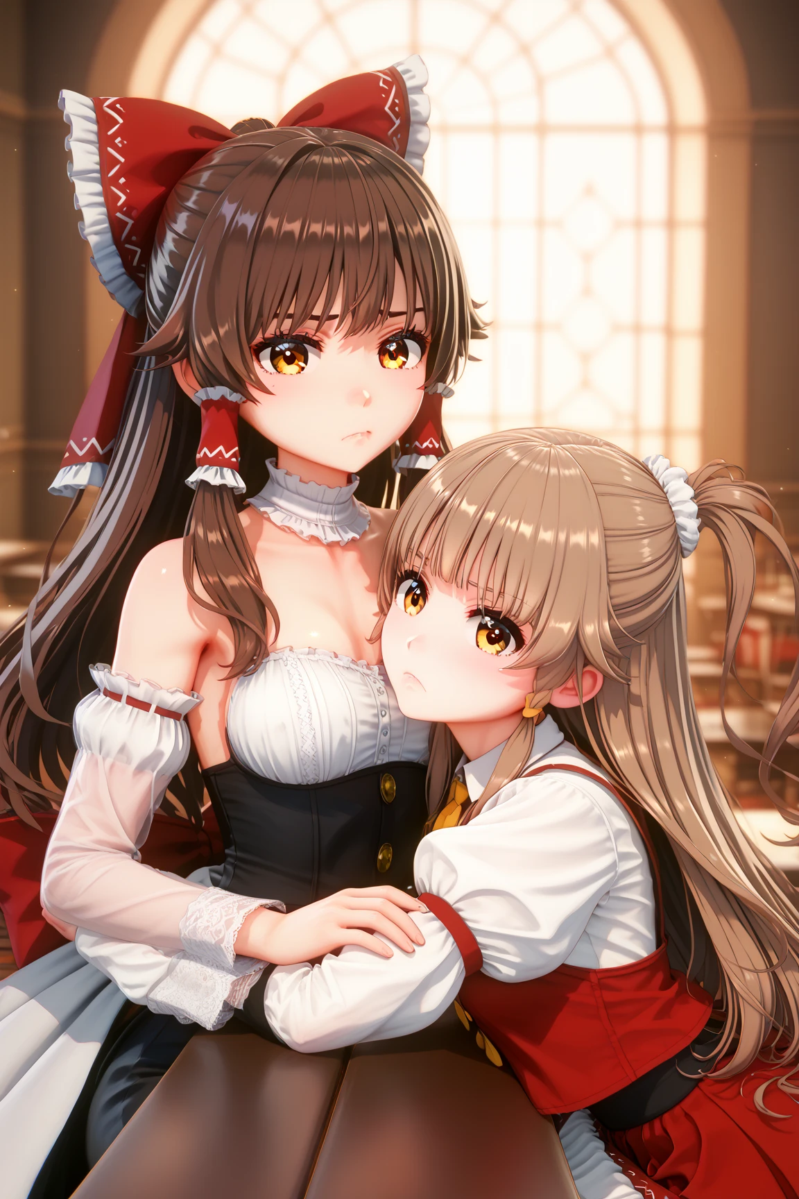 SuchKoikatsu, 3D Render, (masterpiece, best quality), amazing quality, very aesthetic, absurdres, highres, newest, HDR, 8K, great depth, intricate detailed, photo-referenced, detailed background, beautiful detailed, beautiful face, bright face, large pupil, eyelashes, brilliant skin, shiny skin, 2girls, Marisa Kirisame, Reimu Hakurei, pastel colors, Reimu Hakurei, brown hair, brown eyes, long hair, pout, Marisa Kirisame, brown hair, long hair, amber eyes, detailed clothing, sitting together, friendship, warm lighting, cozy atmosphere, indoor scene, comfortable room, detailed interior, soft shadows, bloom effect, dynamic composition, medium shot, professional lighting,