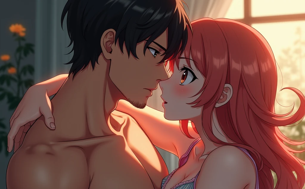 An anime girlfriend getting kissed by her boyfriend she's completely naked but here stuff is being hidden by her boyfriend chest