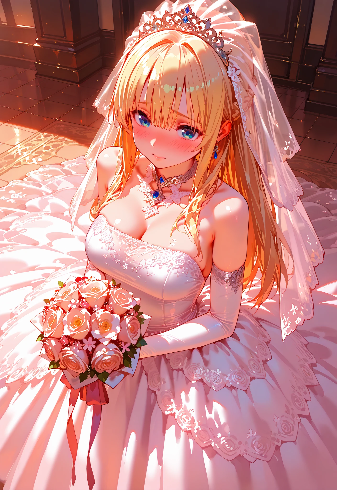kitagawa marin, Solo, girl, blonde hair, long hair, multicolored hair, red eyes, wedding dress, bridal gauntlets, bridal veil, wedding ring, bouquet、blush、short hair、small breasts、church、UHD, retina, masterpiece, ccurate, anatomically correct, textured skin, super detail, high details, high quality, best quality, highres, 4K
